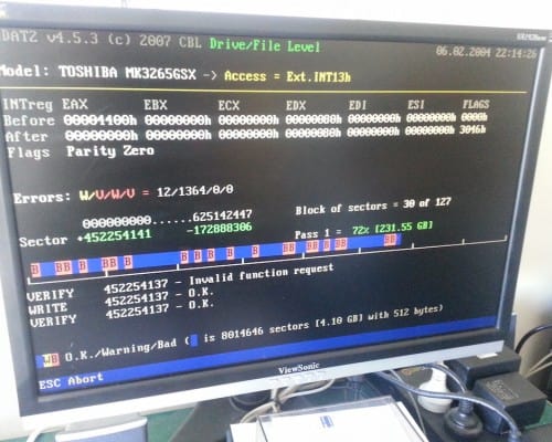 As part of our service we use specialised diagnostic software to scan all hard drives in every computer. This ensures that our customers are not faced with a failing hard drive before we return your computer back to you. In the above picture the RED B’s indicate an immediate pending hard drive failure and a backup of your data needs to be performed as soon as possible to avoid data loss.